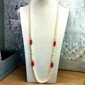 Vintage Faux Pearl Necklace with Orange Detail